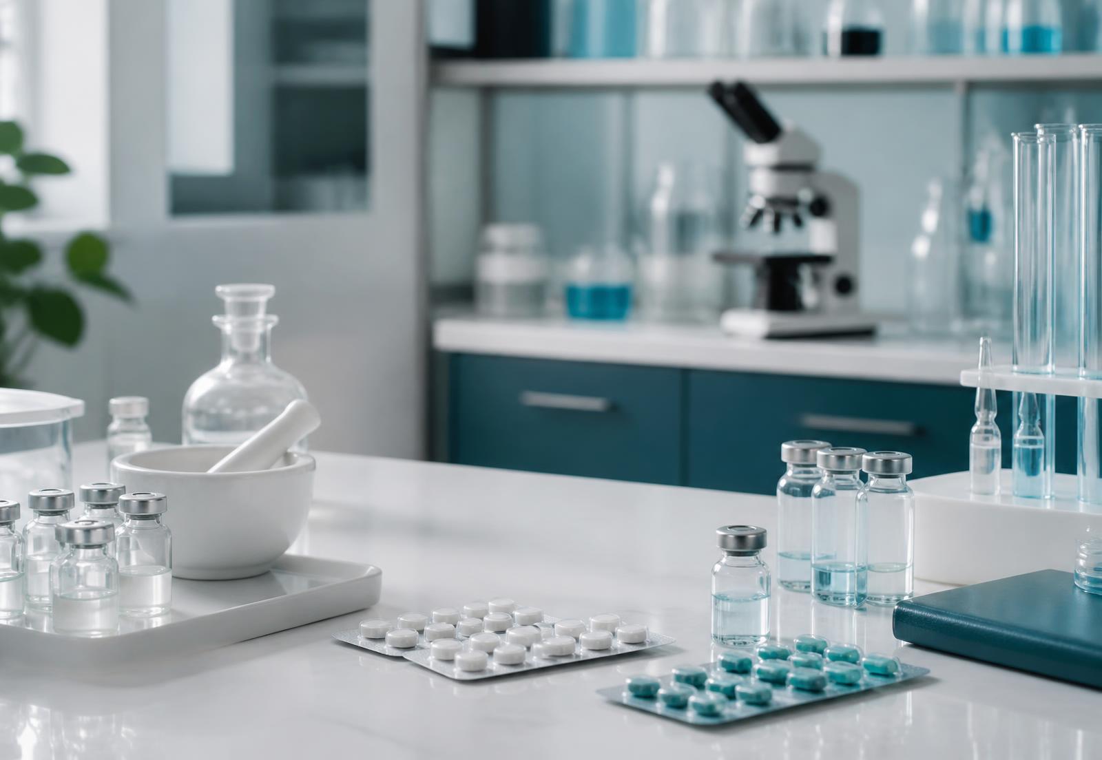 Pharmaceutical laboratory bench with vials and tablet blister packs